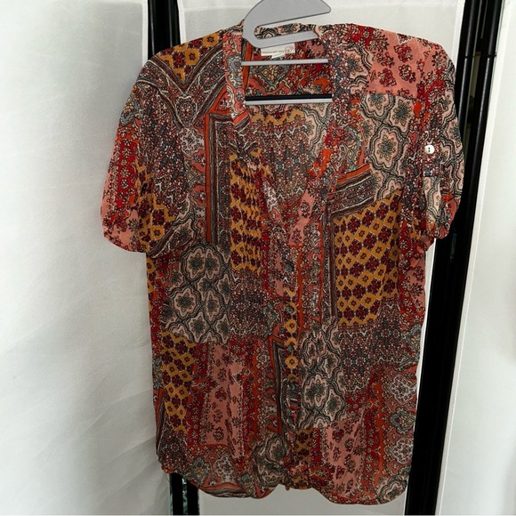 Westport Red Orange Short Sleeve Button Down Blouse - Picture 1 of 6